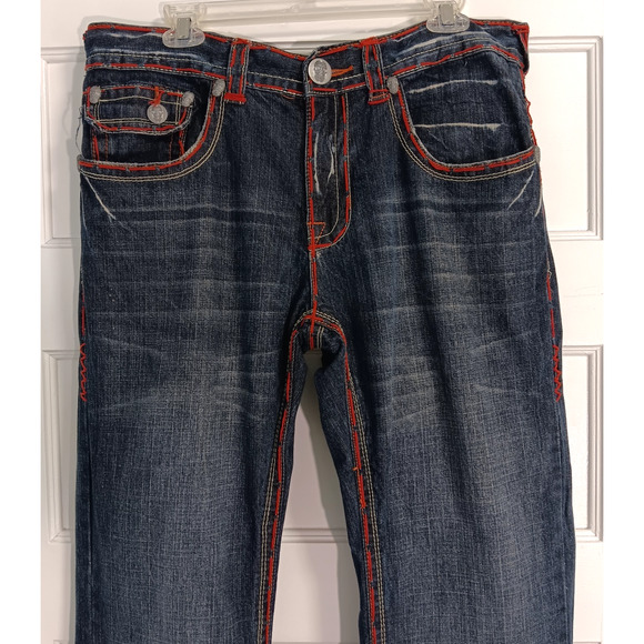 Vintage Y2K Bootcut Jeans 36 x 34 Skull Thick Stitch Embroidered Fading Whiskers - Picture 4 of 14